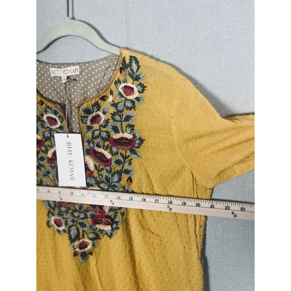 RITU KUMAR Mini Dress Medium Shift Embroidered Floral Gold Yellow Side Slits NEW - Picture 5 of 11